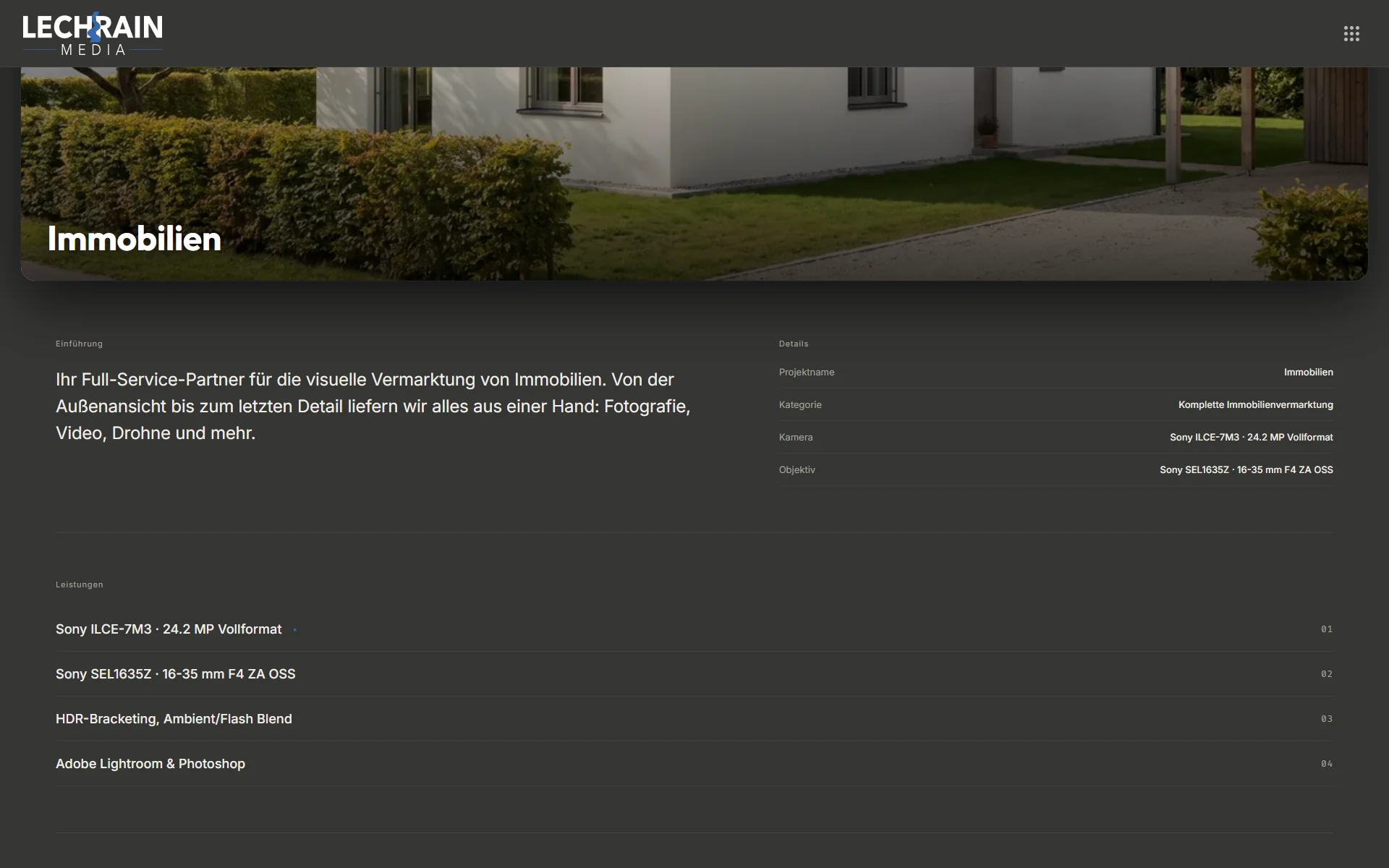 Detailseite einer Kategorie mit großem Titelbild, Einführungstext, Details zu Projekt und Kamera sowie der nummerierten Liste aus Kamera, Objektiv, Aufnahmetechnik und Bearbeitung.