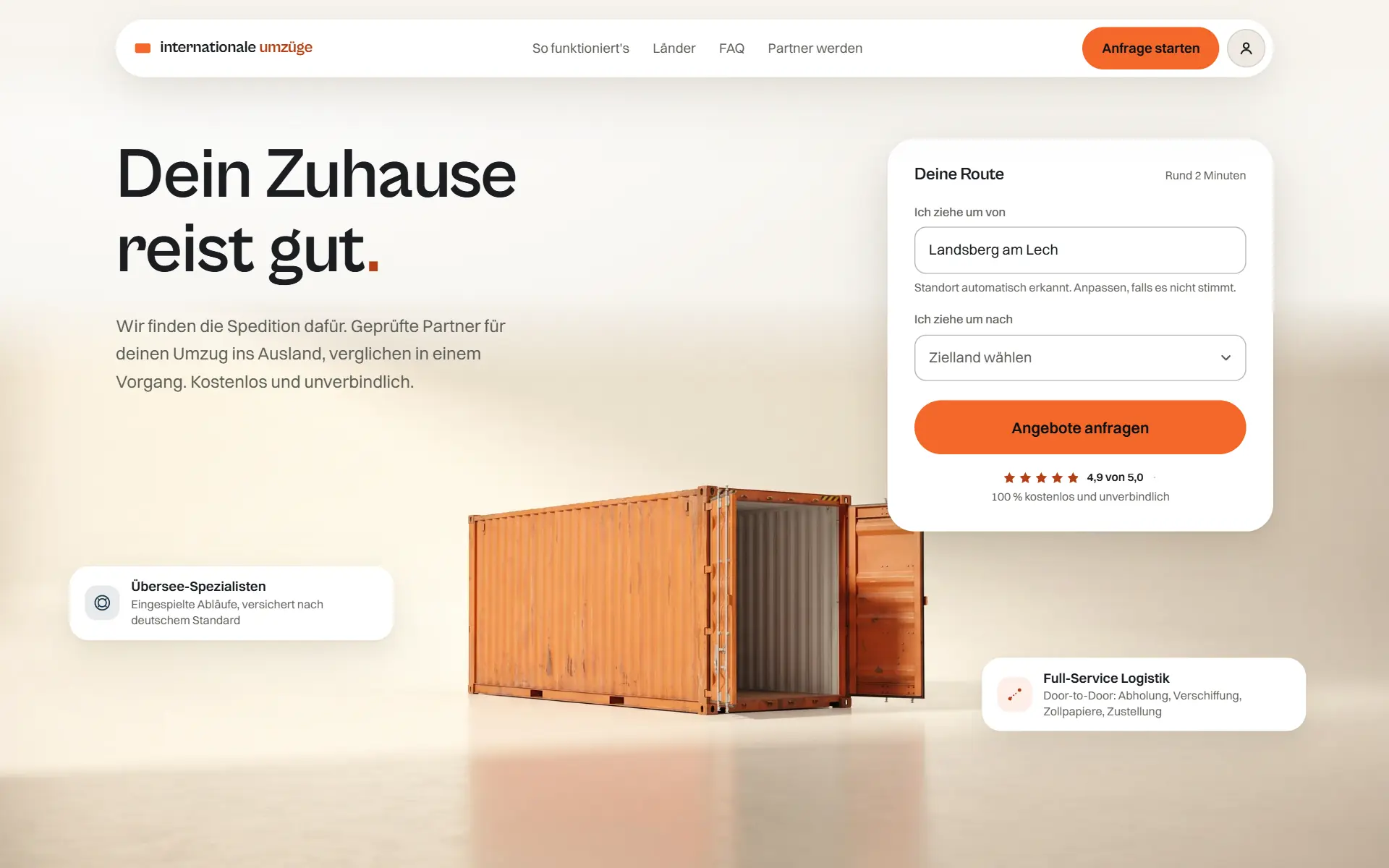 Startseite der Umzugs-Plattform mit der Überschrift „Dein Zuhause reist gut.“ und dem Eingabefeld für die Route.